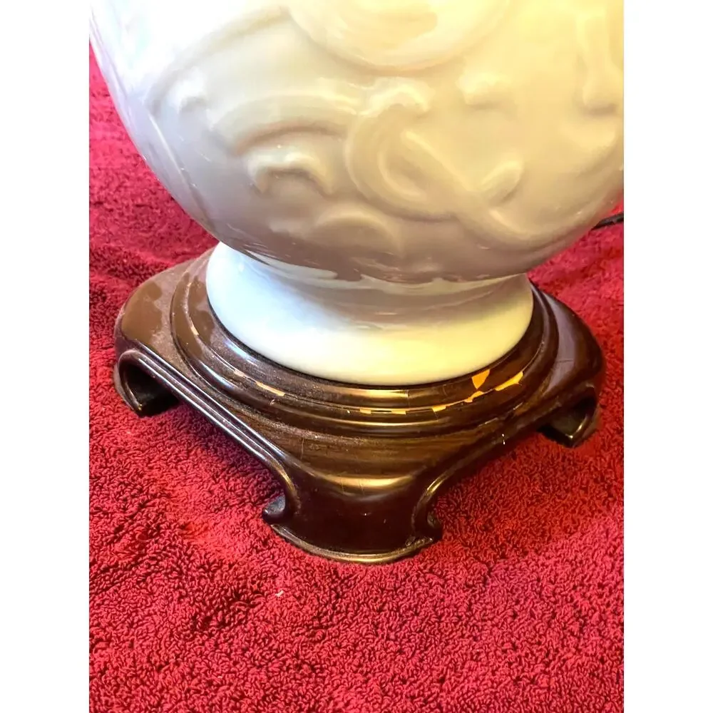 Vintage Celadon Style Ceramic Dragon Handle Table Lamp Carved Green Stone Finial